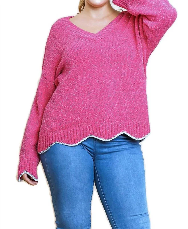 Timeless Women's Outfit Affordable Trendy Fashion Zig Zag Pullover Sweater In Hot Pink