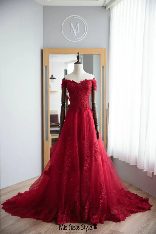 Stylish Women's Garments Vintage-Modern Style Offers A line Off Shoulder Sleeve Deep Red Lace Wedding Dress