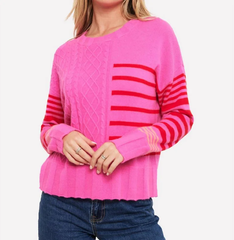 Women's Cozy Outfit For Lounging Minimalist Fashion Sale Callie Cable Stipe Crew Pullover In Diva Pink/red/neon Coral