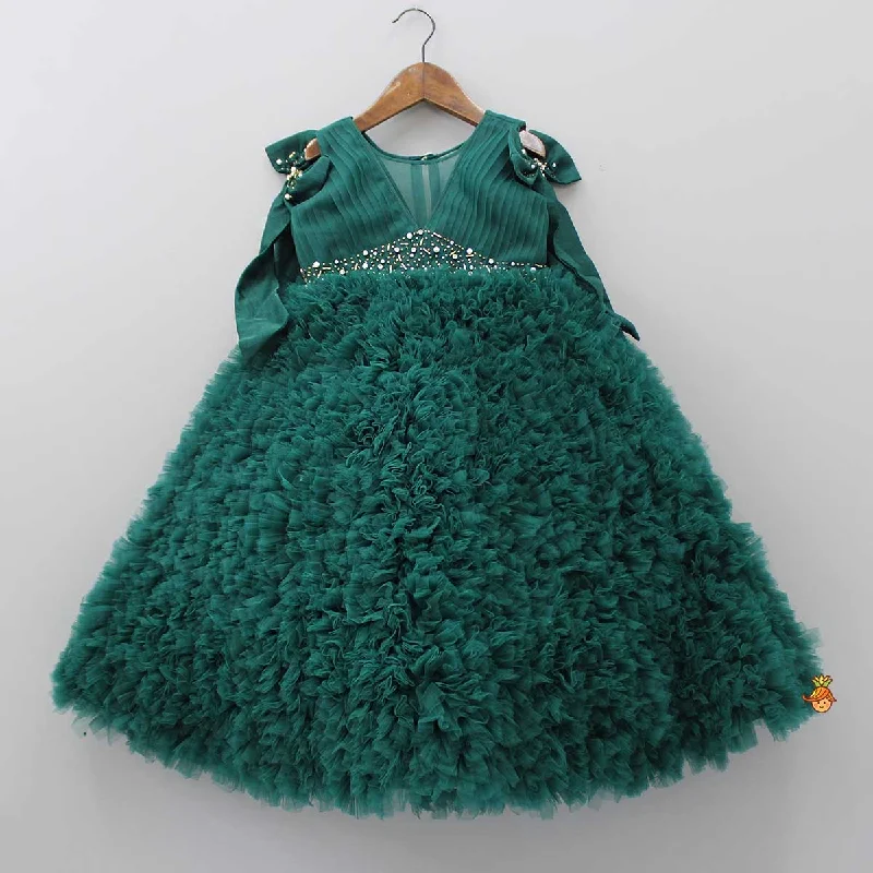 Fashion-Forward Women's Clothing Fast Fashion Favorites Pleated Yoke Ruffled Green Fancy Gown