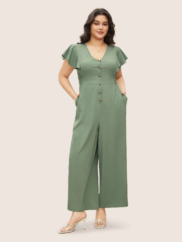 Women's Seasonal Wardrobe Clothing Urban Elegance Deals Solid Button Up Ruffle Cap Sleeve Jumpsuit