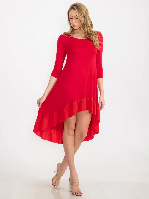 Women's Trendy Apparel Summer Deals WOMEN'S 3/4 SLEEVE TUNIC RUFFLE BOTTOM HEM HIGH LOW MIDI DRESS