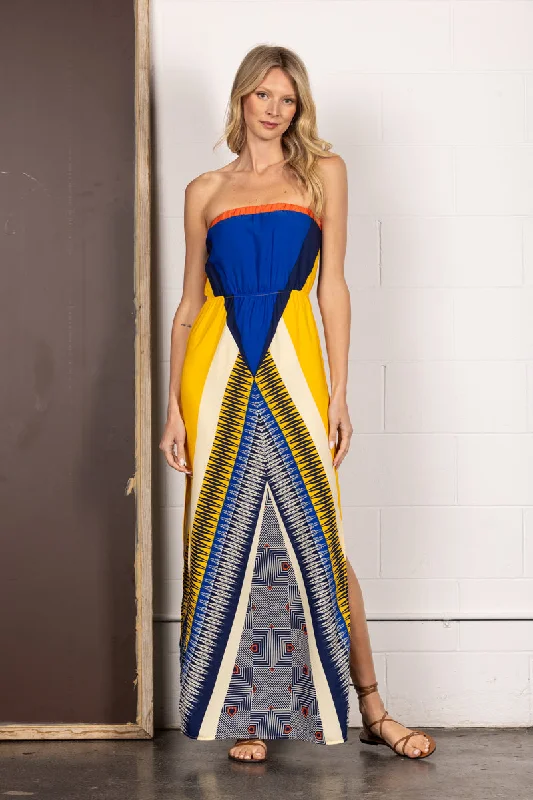 Women's Luxury Apparel Premium Style Offers YELLOW BANDEAU CHEVRON PRINT SIDES SLIT MAXI DRESS D1576