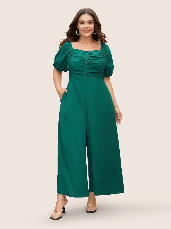 Women's Professional Attire Massive Savings Heart Neckline Lantern Sleeve Ruched Jumpsuit