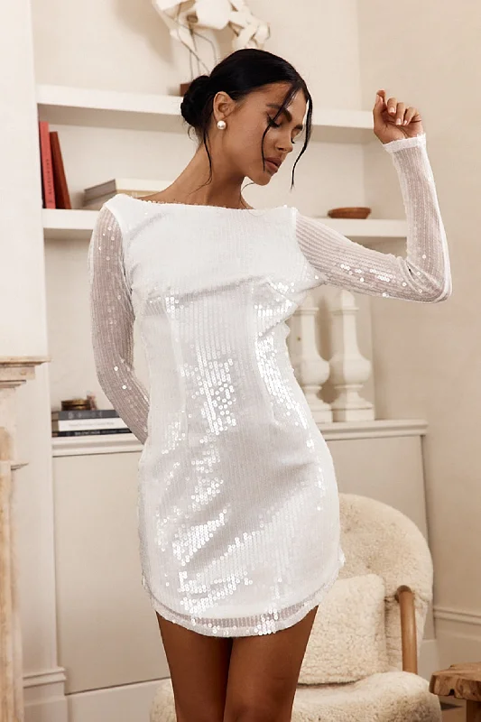 Women's Athletic Garments Snag Fabulous Fashion Bargains Karma Long Sleeve Keyhole Back Sequin Dress White