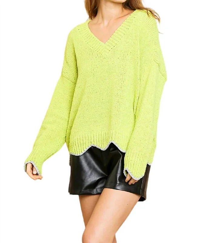 Women's Clothing For Special Occasions Holiday Glam Zig Zag Pullover Sweater In Lime