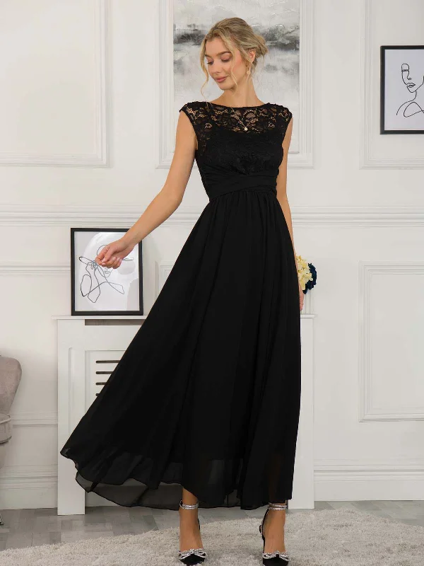 Women's Chic Outerwear Attire Trend Alert Lace Bodice Chiffon Maxi Bridesmaid Dress, Black