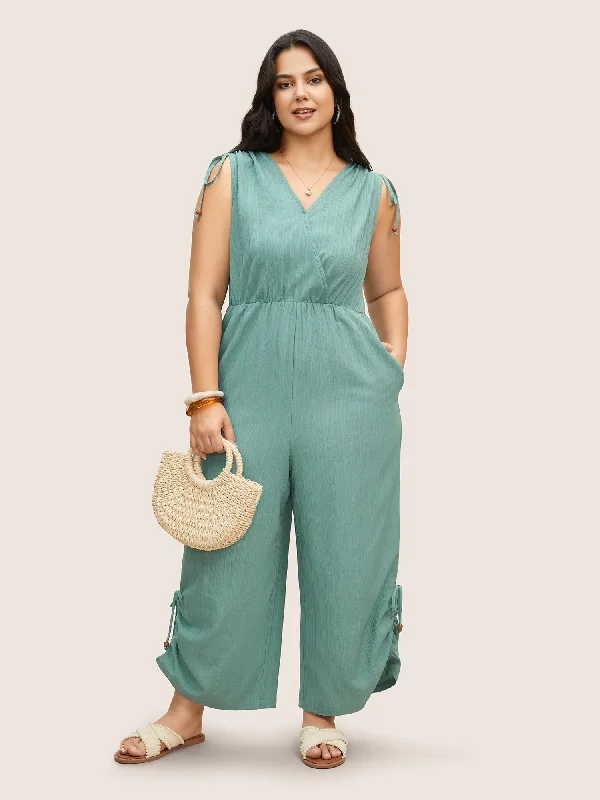 Women's Clothing For Outdoor Events Vibrant Style Promotions Plain Textured Surplice Neck Drawstring Jumpsuit