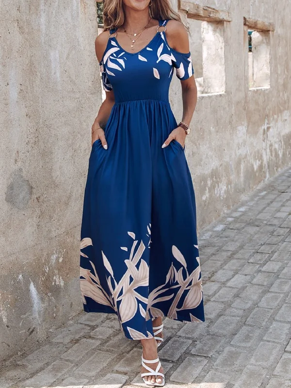 Women's Holiday Outfit New Styles Just In Printed Cold Shoulder Short Sleeve Maxi Dress