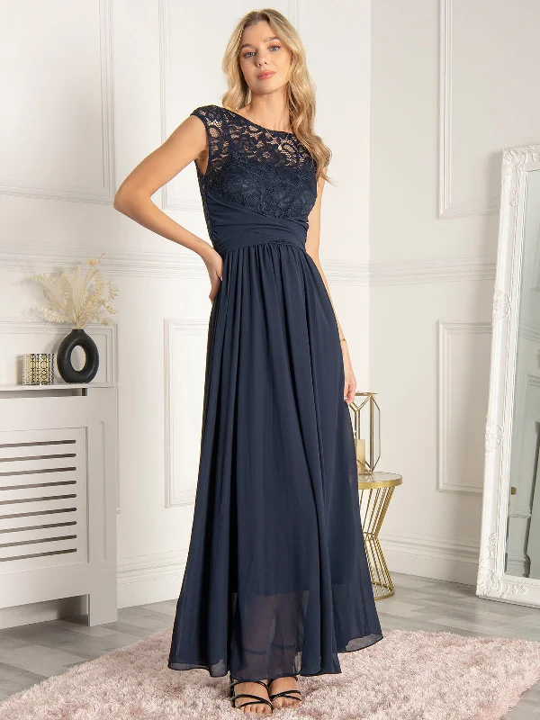 Casual Clothes For Women Budget Saver Lace Bodice Chiffon Maxi Bridesmaid Dress, Navy