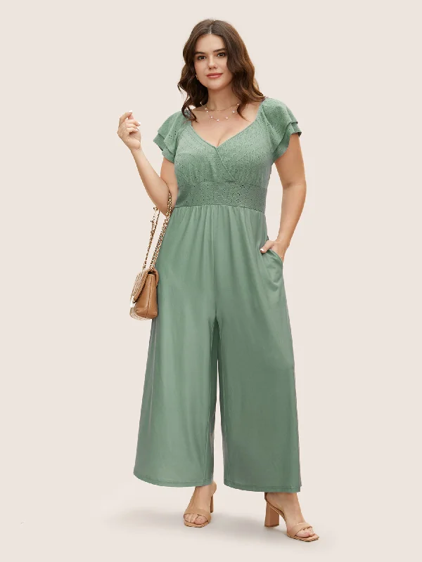 Women's Effortless Casual Outfit Limited Edition Eyelet Embroidery Tiered Ruffle Trim Jumpsuit