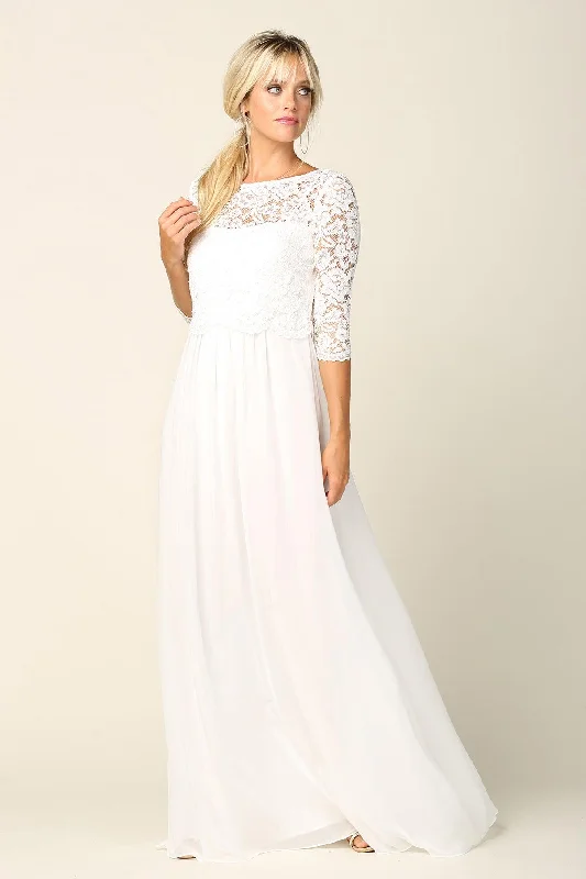 Classic Women's Clothing Styles Chic And Edgy Simple Long 3/4 Sleeve Lace Chiffon Wedding Dress