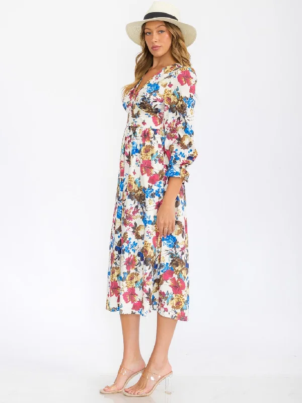 Women's Clothes For Outdoor Events Limited-Time Offer WOMEN'S 3/4 SLEEVES V-NECK ELASTIC WAIST FLORAL PRINT MIDI DRESS