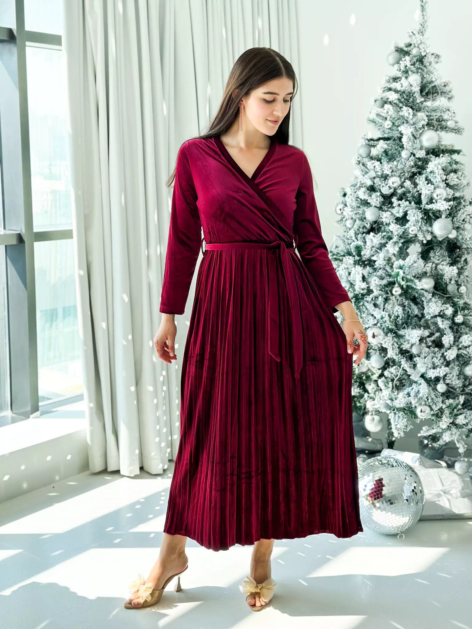 Women's Casual Apparel Timeless Elegance Sale Promise - Plum Velvet Dress with Long Sleeves (Pleated)