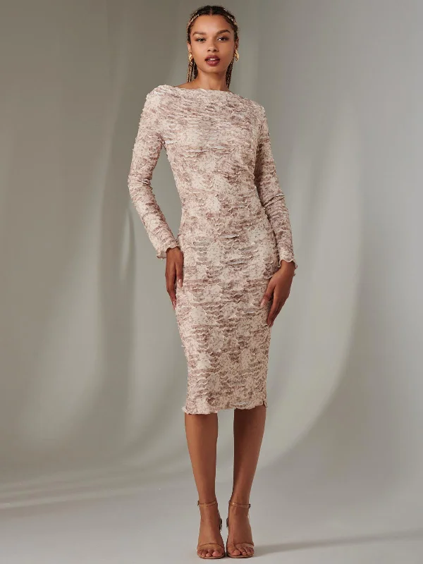 Charming Women's Holiday Apparel Limited Time Offer Long Sleeve Textured Midi Dress, Beige Abstract