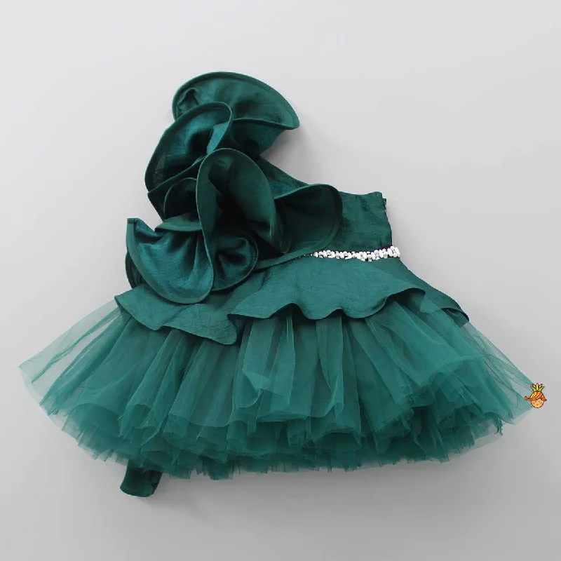 Women's Casual Wear Outfit Must Haves Charming Green Ruffled One Shoulder Dress