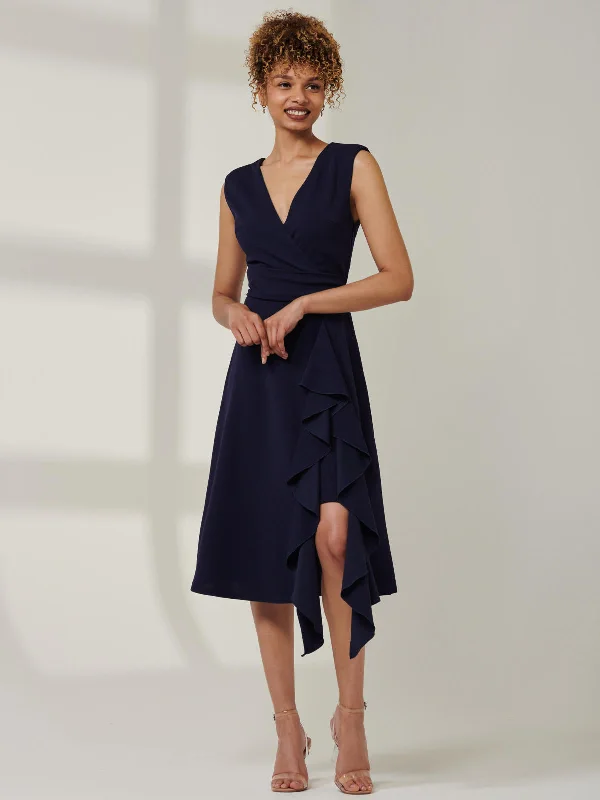 Women's Relaxed Outfit Flirty Fashion Discounts Qiana Ruffle Detail Midi Dress, Navy