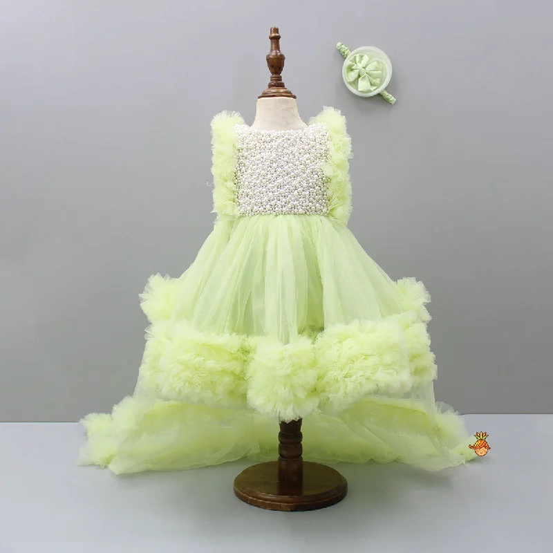 Charming Women's Outfit For Special Occasions Hot Items Embroidered Yoke Ruffle Hem Green Dress With Detachable Trail And Matching Head Band