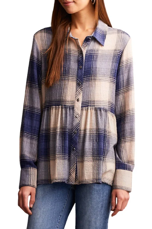 Luxury Fashion Plaid Peplum Shirt In Blue Jay