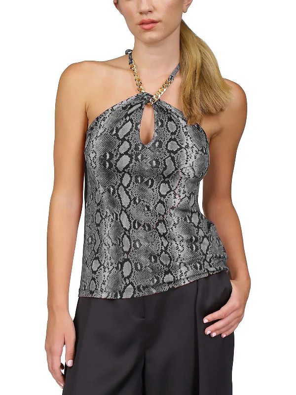 Hot Picks Womens Snakeskin Print Chain Neck Halter Top