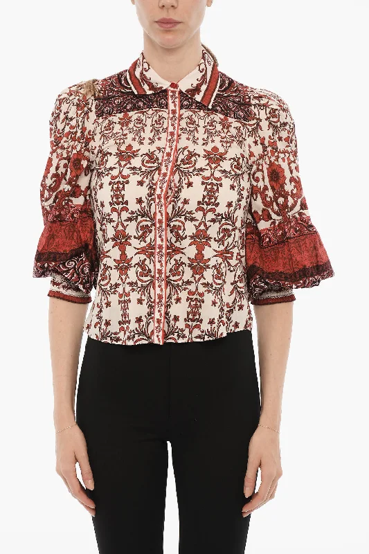 Trendy Women's Wear Collection Alice + Olivia Printed Two Tone FATAL Shirt with Hidden Closure