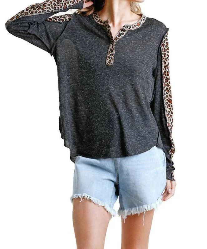 Shop Sale Items Leopard Trimmed Top In Charcoal