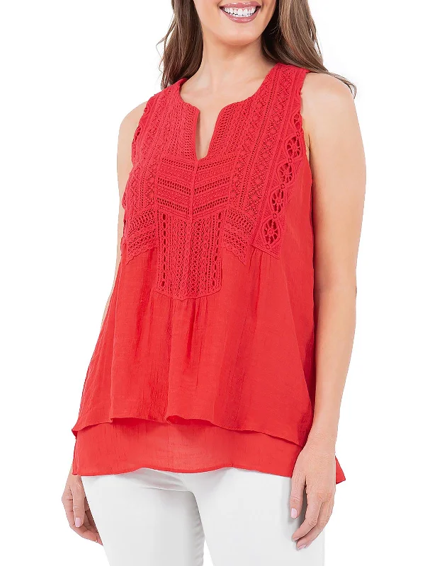 Limited Time Leno Womens Crochet Trim V Neck Shell