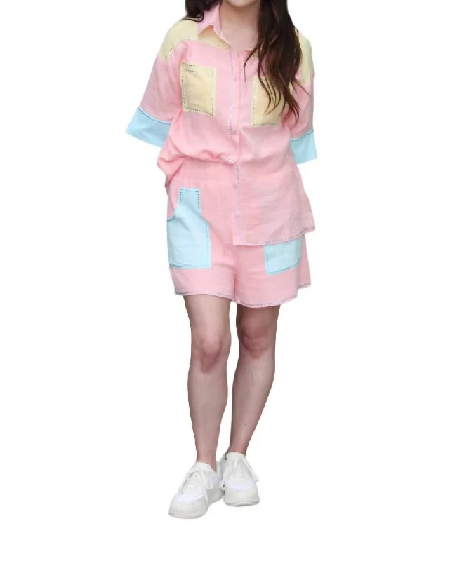 Classic Modern Offers Cotton Gauze Rhinestone Shirt In Pink