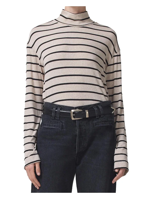 Retro Style Promotions Womens Striped Ribbed Knit Turtleneck Top