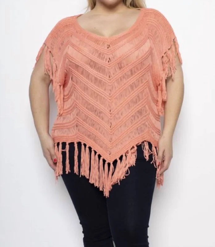 Save Big Plus Size Crochet Fringe Top In Coral