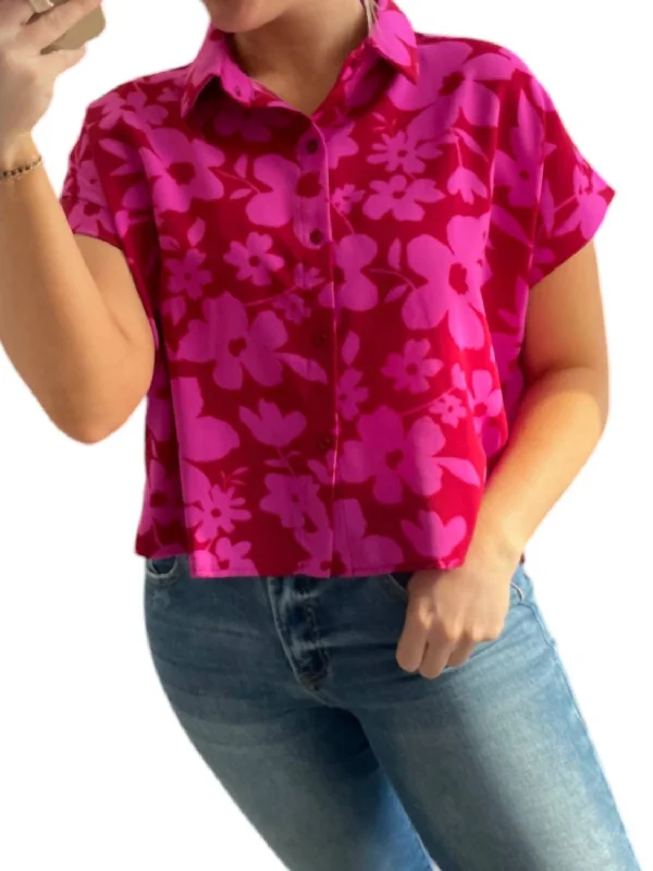 Trendy Looks On Sale Floral Collared Button Up Top In Red/fuchsia