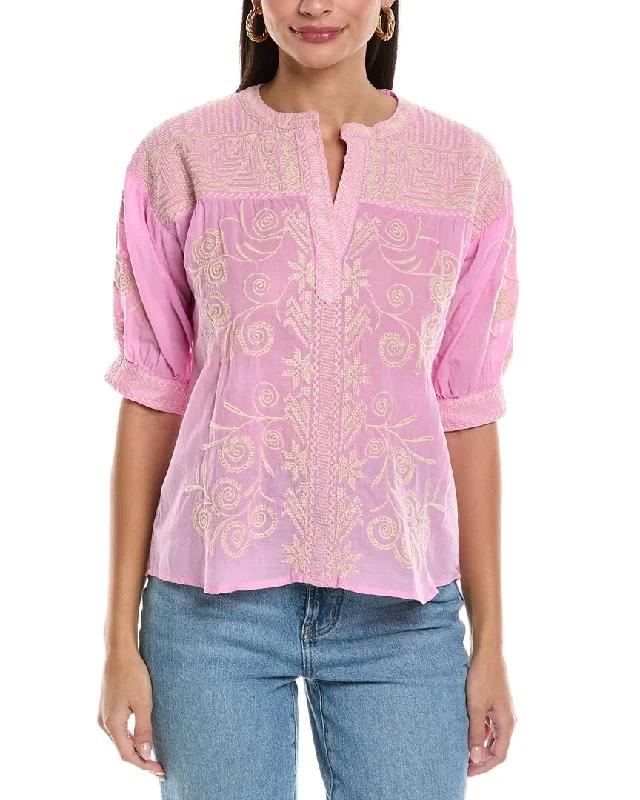 Trendy Women's Wear Collection Johnny Was Puff Sleeve Henley Top