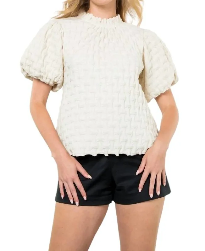 Timeless Elegance Sale Textured Short Puff Sleeve Top In Cream