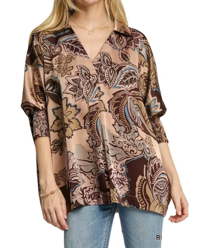 New Season Fashion Preview Sale Paisley Print Collared Top In Brown