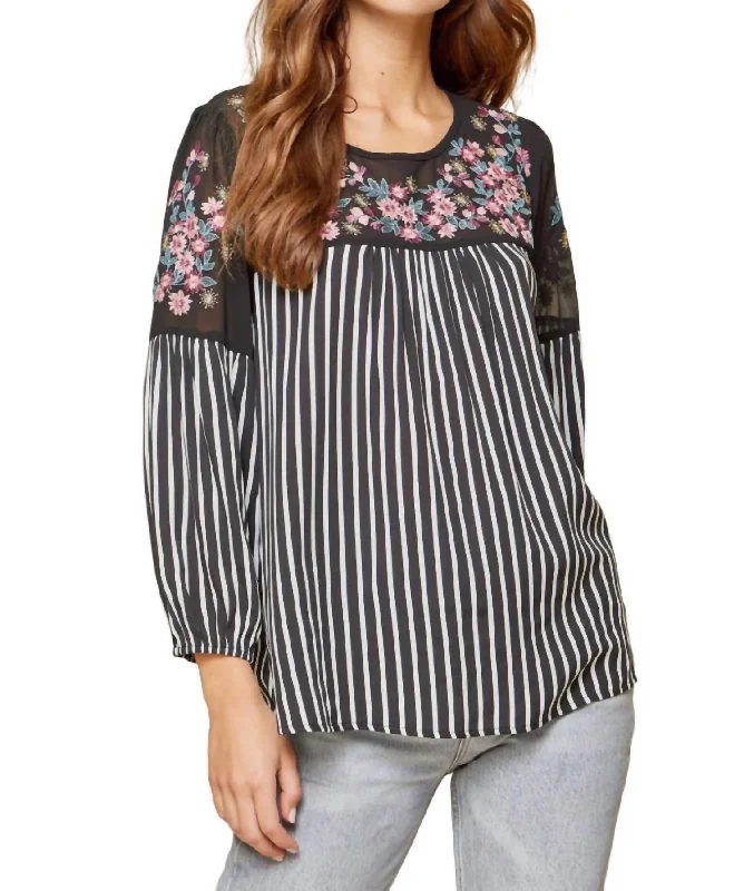 Stylish Savings Floral Embroidered & Striped Top In Black