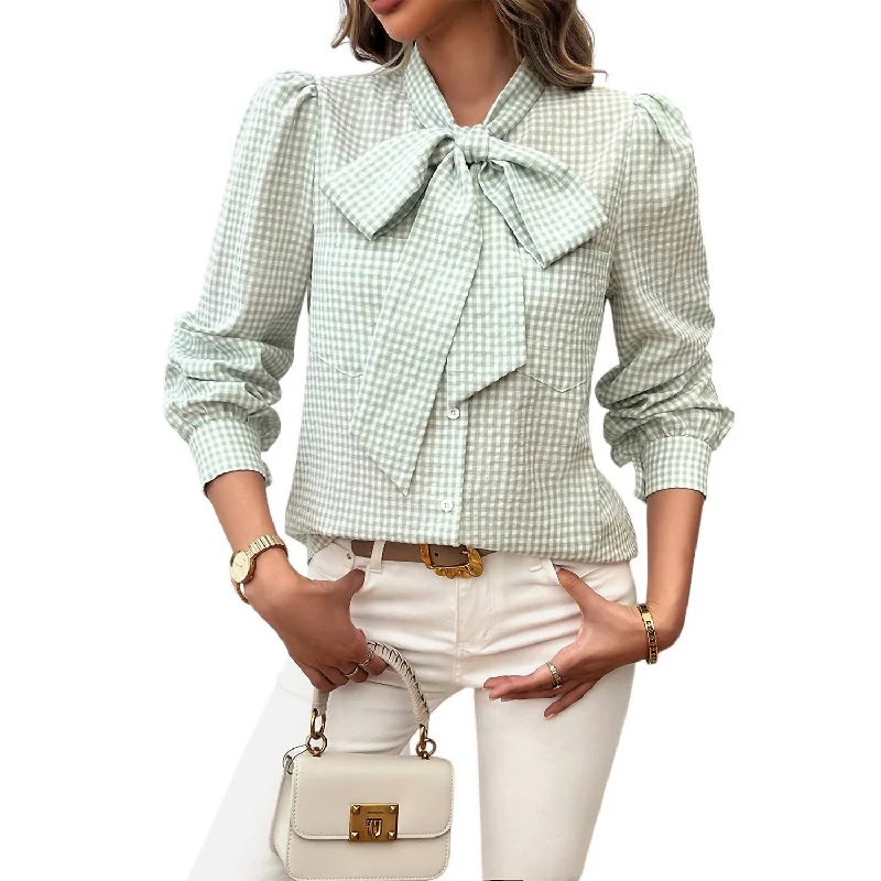 Fashion-Forward Offers Ribbon Tie Collar Top In Green