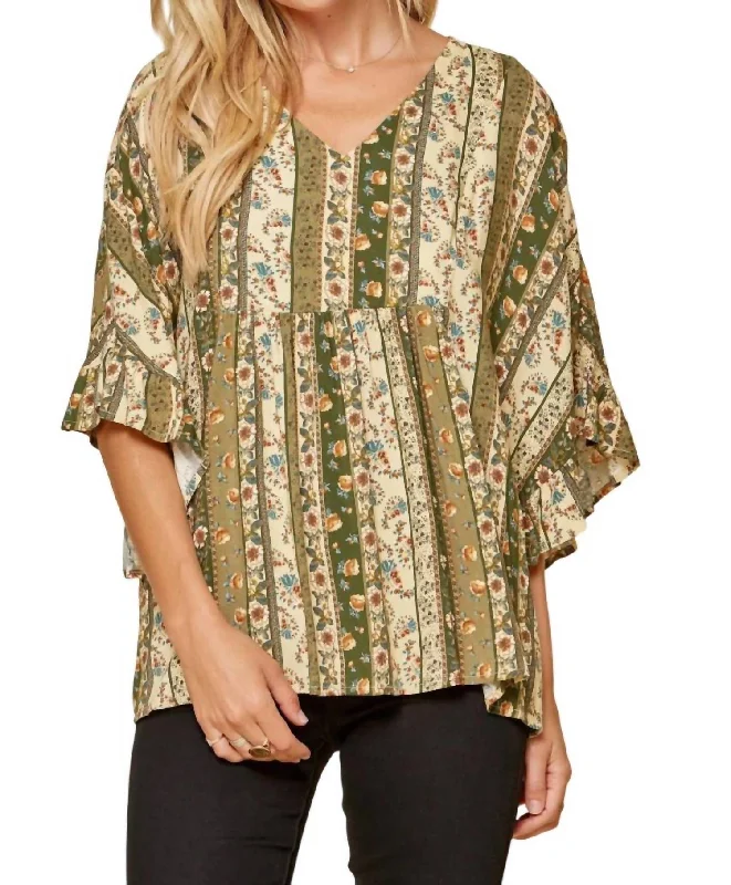 Chic & Modern Sales Floral Ruffle Sleeve Top In Olive