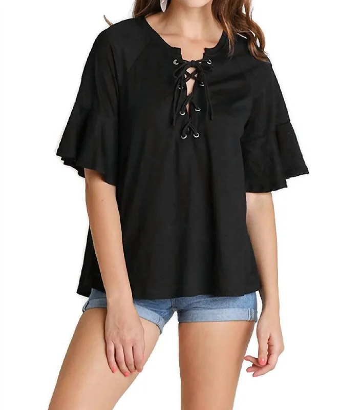 Seasonal Fashion Lace Up Bell Sleeve Top In Black