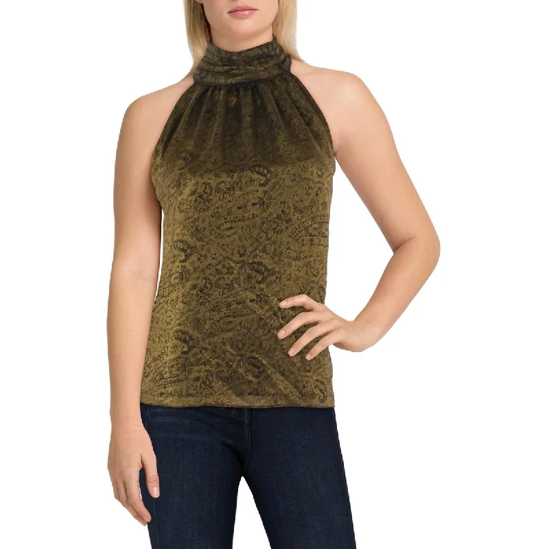 Essentials On Sale Womens Metallic Mock Neck Halter Top