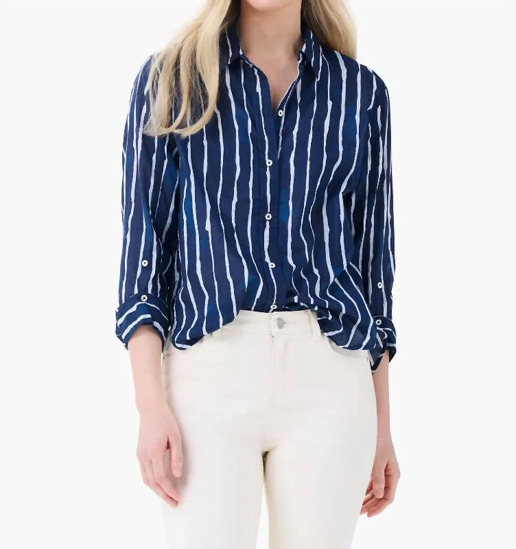 Trendy Street Style Watercolor Stripe Girlfriend Shirt In Indigo