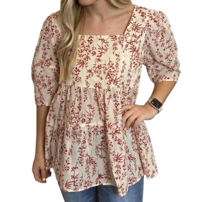 Vibrant Style Promotions Floral Peasant Top In Crimson And Ivory