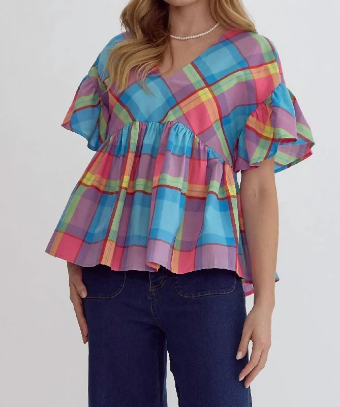 Fashion Sale Spring Plaid Babydoll Top In Multicolor