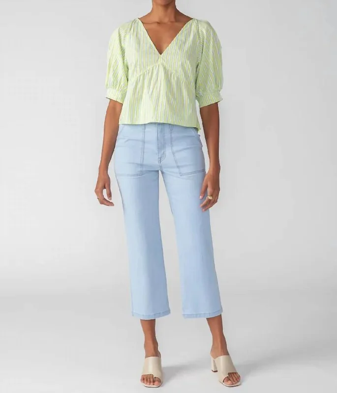 Laid-Back Fashion Offers V-Neck Poplin Top In Green Energy/white Stripe