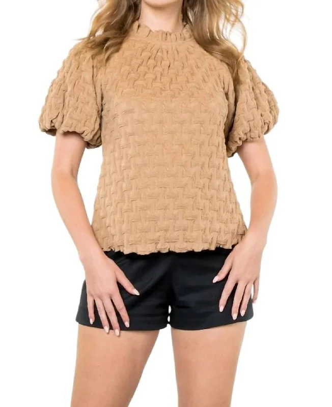 Premium Style Offers Textured Short Puff Sleeve Top In Beige