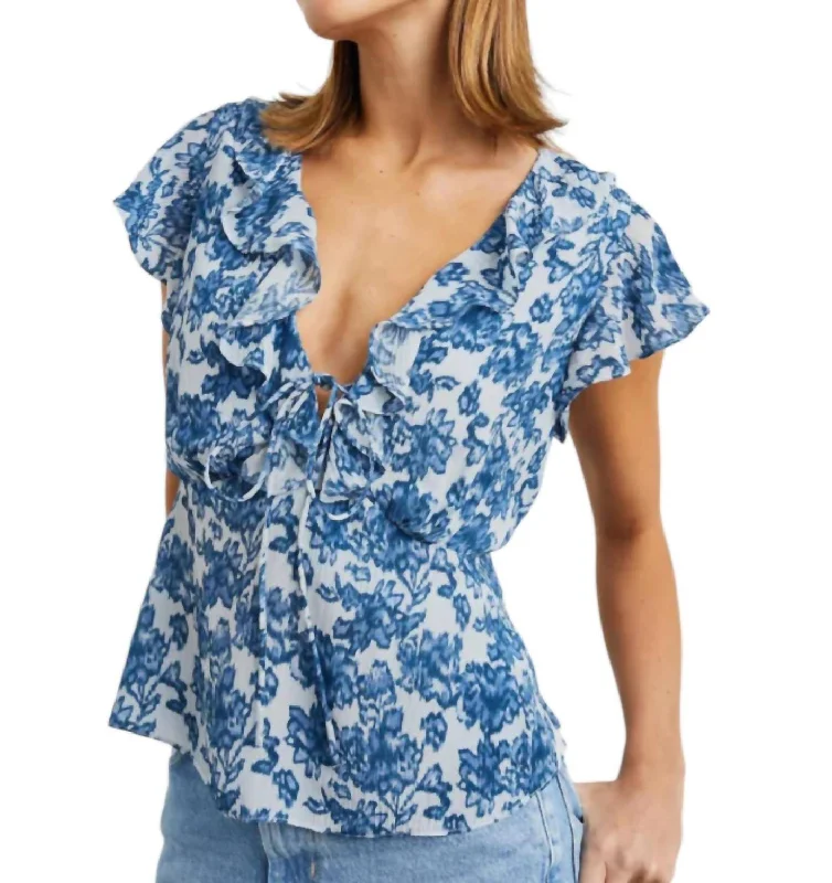 Limited Stock Carmine Flutter Top In Chambray Floral