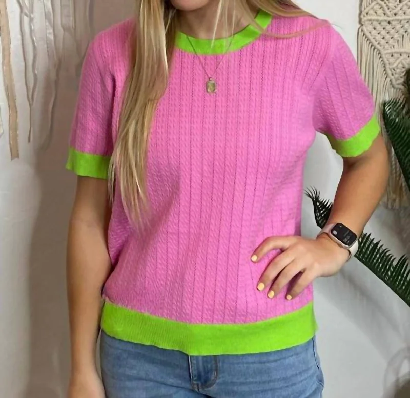 Luxury Casual Deals Pickleball Vibes Ringer Top In Pink & Lime