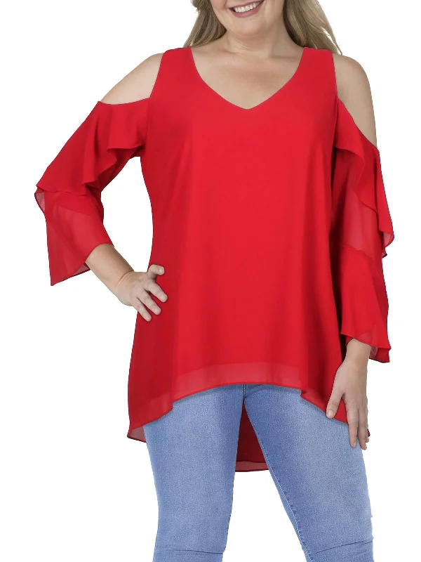 Hot Sale Plus Womens V-Neck Cascade Ruffle Cold Shoulder