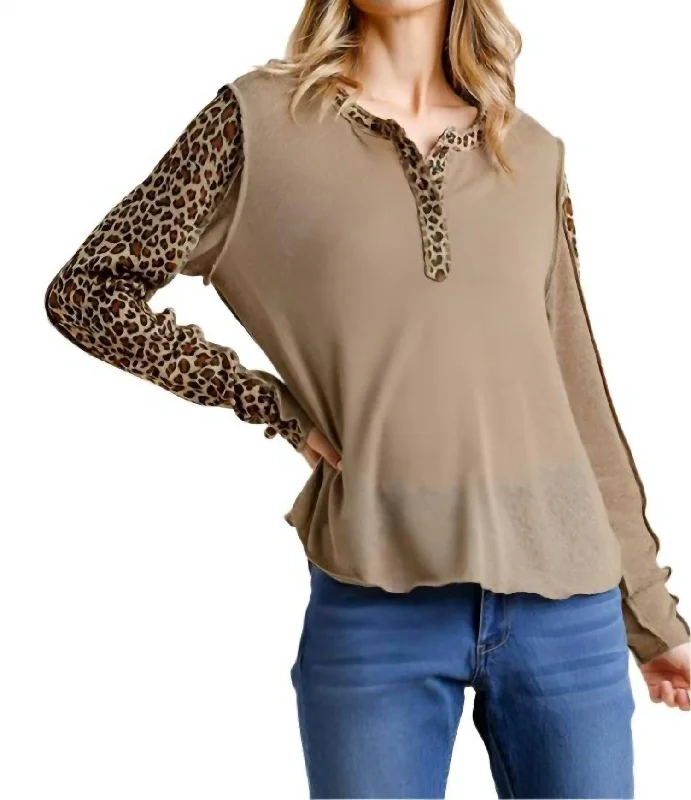 Find Your Unique Flair Leopard Trimmed Top In Mocha