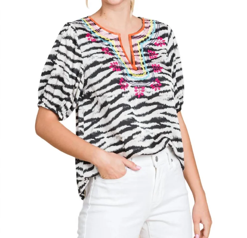 Big Savings Zebra Print Embroidered Yoke Top In Black/white