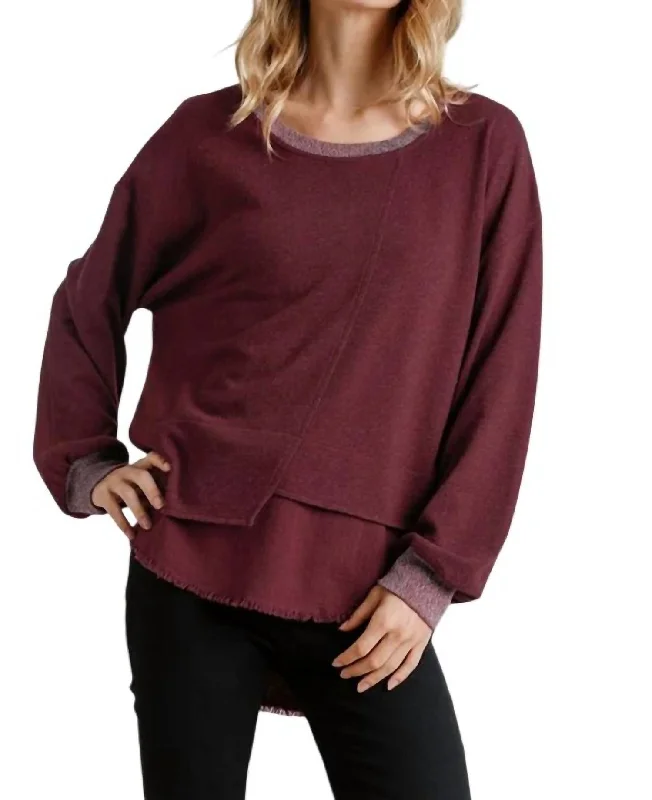 Spring Fashion Layered Frayed Hem Top In Burgundy